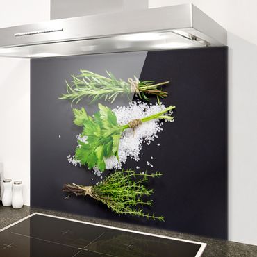 Panel szklany do kuchni - Herbs On Salt Black Backdrop