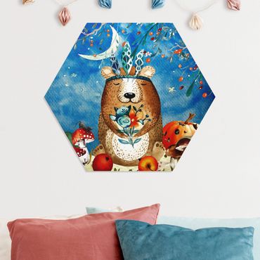 Obraz heksagonalny z Forex - Akwarela Niedźwiedź w świetle księżyca