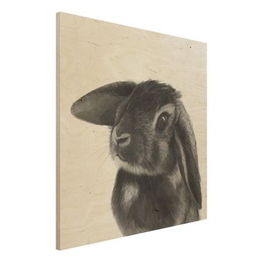 Obraz z drewna - Ilustracja królik czarno-biały rysunek