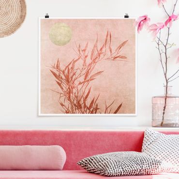 Plakat - Złote słońce z różowym bambusem