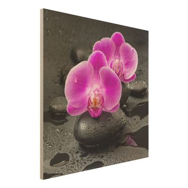 Obraz z drewna - Kwiaty różowej orchidei na kamieniach z kroplami