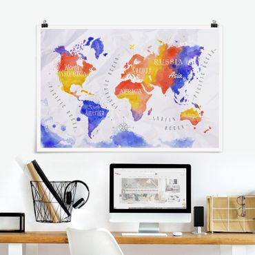 Plakat - Mapa świata akwarela fioletowy czerwony żółty