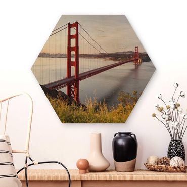 Obraz heksagonalny z drewna - Most Złotoen Gate w San Francisco