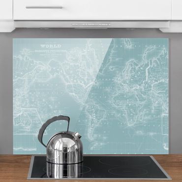 Panel szklany do kuchni - Mapa świata w kolorze lodowego błękitu