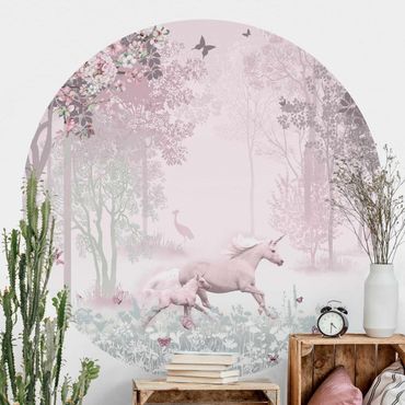Okrągła tapeta samoprzylepna - Unicorn On Flowering Meadow In Pink