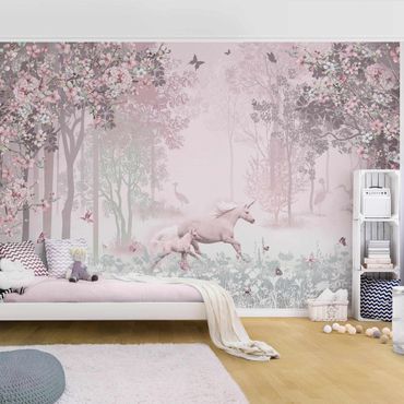 Fototapeta - Unicorn On Flowering Meadow In Pink