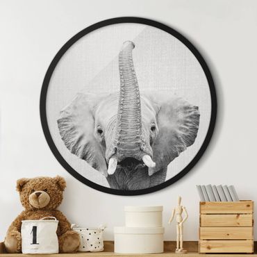 Okrągły obraz z ramką - Słoń Ewald czarno-biały