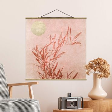 Plakat z wieszakiem - Złote słońce z różowym bambusem