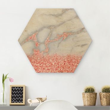 Obraz heksagonalny z drewna - Mamor look z różowym konfetti