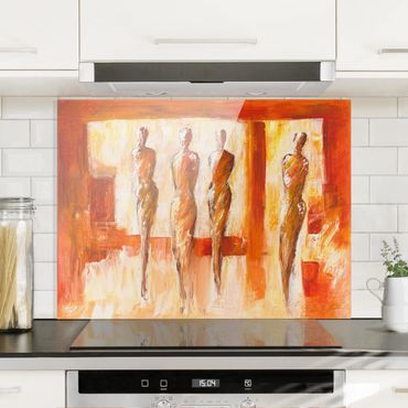 Panel szklany do kuchni - Cztery postacie w kolorze pomarańczowym