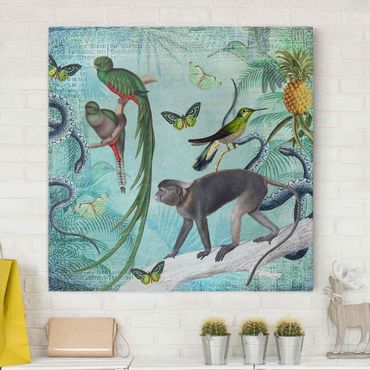 Obraz na płótnie - Kolaże w stylu kolonialnym - małpy i rajskie ptaki