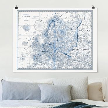 Plakat - Mapa w odcieniach niebieskiego - Europa