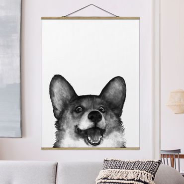 Plakat z wieszakiem - Ilustracja pies Corgi Biało czarne malarstwo