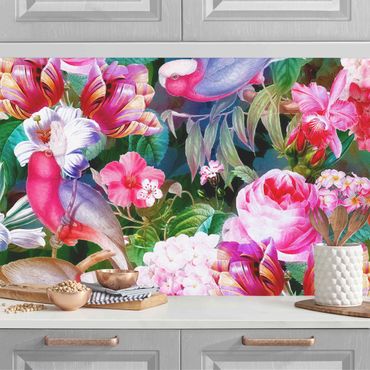 Panel ścienny do kuchni - Kolorowe kwiaty tropikalne z ptakami Różowy II