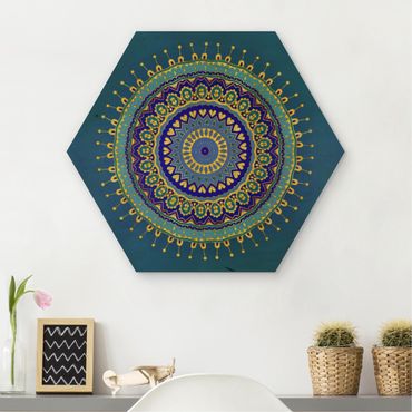 Obraz heksagonalny z drewna - Mandala Niebieski Złoto