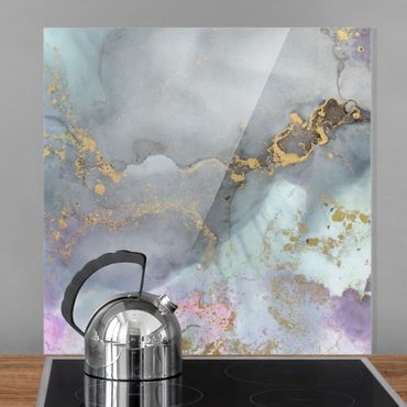 Panel szklany do kuchni - Eksperymenty z kolorami Marmurowa tęcza i złoto