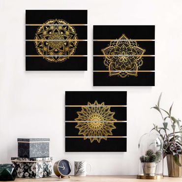 Obraz z drewna 3-częściowy - Zestaw ilustracji Mandala Flower Sun Czarne złoto