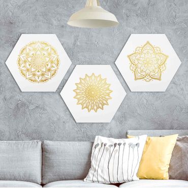 Obraz heksagonalny z Forex 3-częściowy - Mandala Flower Sun Illustration Set Złoto