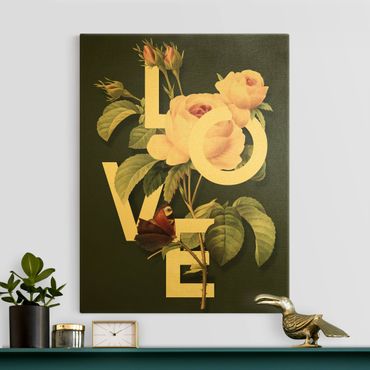 Złoty obraz na płótnie - Kwiatowa typografia - miłość