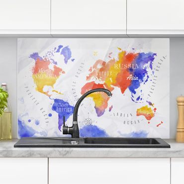 Panel szklany do kuchni - Mapa świata akwarela fioletowy czerwony żółty