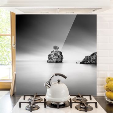 Panel szklany do kuchni - Skalna wyspa na morzu Czarno-biały
