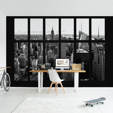 Fototapeta - Okno Manhattan Skyline czarno-białe