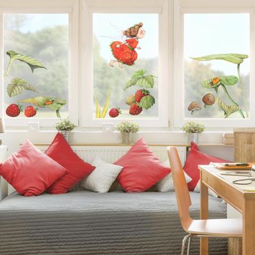 Naklejka na okno - Wróżka truskawka - liście i truskawki