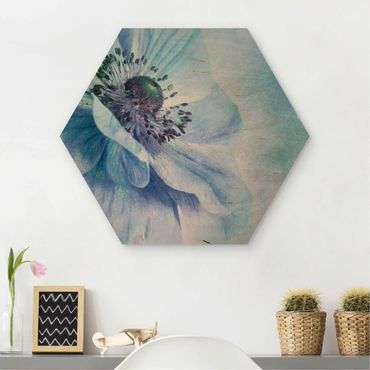 Obraz heksagonalny z drewna - Kwiat w kolorze turkusowym