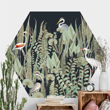Sześciokątna tapeta samoprzylepna - Flamingo i bocian z roślinami na zielonym tle
