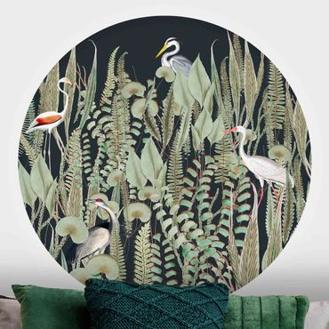 Okrągła tapeta samoprzylepna - Flamingo i bocian z roślinami na zielonym tle