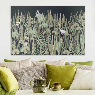 Obraz na płótnie - Flamingo i bocian z roślinami na zielonym tle