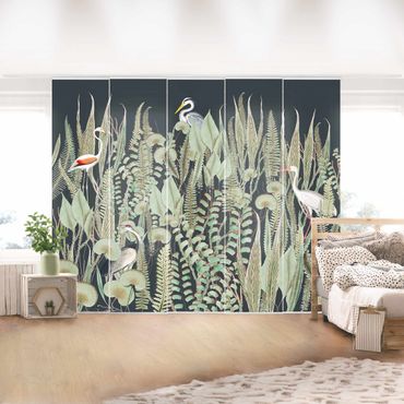 Zasłony panelowe zestaw - Flamingo i bocian z roślinami na zielonym tle