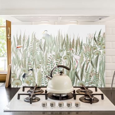 Panel szklany do kuchni - Flaming i bocian z roślinami