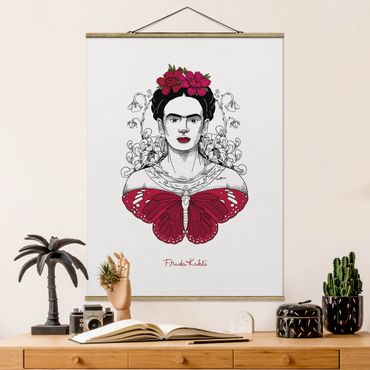 Plakat z wieszakiem - Frida Kahlo Portrait With Flowers And Butterflies - Format pionowy 3:4