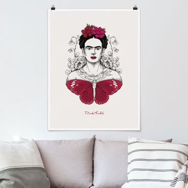 Plakat reprodukcja obrazu - Frida Kahlo Portrait With Flowers And Butterflies