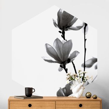 Sześciokątna tapeta samoprzylepna - Spring Messenger Magnolia czarno-biały