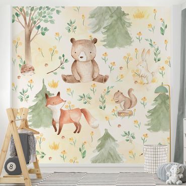 Fototapeta - Fox and bear with flowers and trees