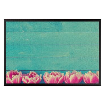 Wycieraczka pod drzwi - Różowe tulipany na turkusie