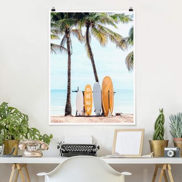 Plakat reprodukcja obrazu - Yellow Surfboards Under Palm Trees