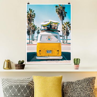 Plakat reprodukcja obrazu - Yellow VW Bus With Surfboards