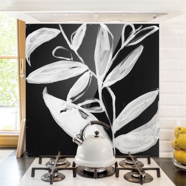 Panel szklany do kuchni - Malowane liście na czarnym tle