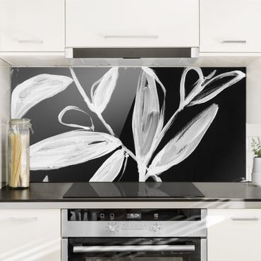 Panel szklany do kuchni - Malowane liście na czarnym tle