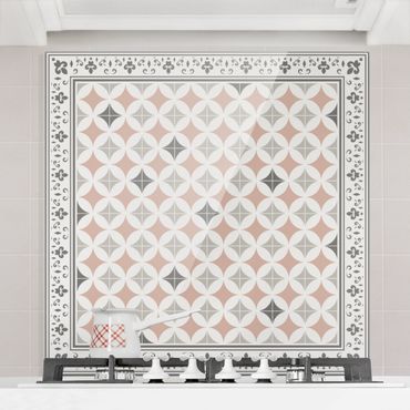 Panel szklany do kuchni - Geometryczne płytki kwiaty pomarańczowe z obwódką