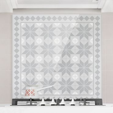 Panel szklany do kuchni - Geometryczne płytki szary kwiat gwiaździsty z obwódką