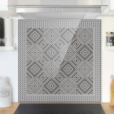 Panel szklany do kuchni - Geometryczne płytki szara rama z mozaiką