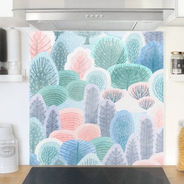 Panel szklany do kuchni - Wesoły las w pastelach