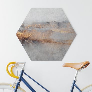 Obraz heksagonalny z Alu-Dibond - Złoto-szara mgła
