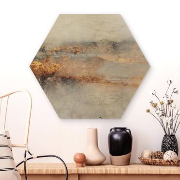 Obraz heksagonalny z drewna - Złoto-szara mgła