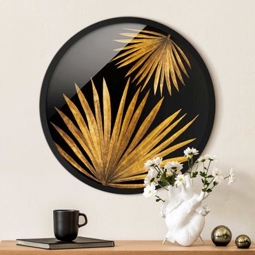 Okrągły obraz w ramie - Gold - Palm Leaf On Black