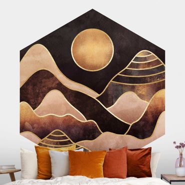 Sześciokątna tapeta samoprzylepna - Złote słońce abstrakcyjne góry